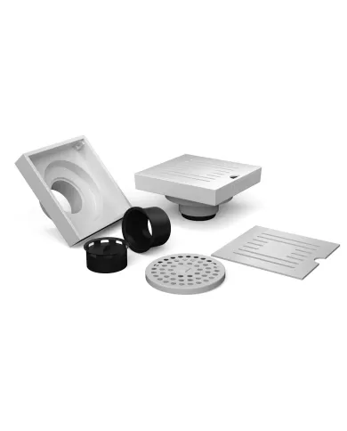 Square Aluminum Grate Floor Drain, Steel Ribbed Cover, Ahura Model, White, 10 cm